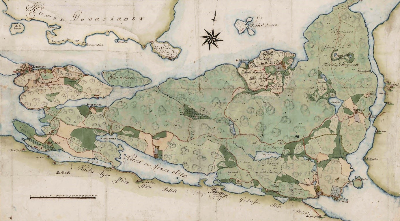 Hela Sicklaön, från Danviken allra längst i väster mot Södermalm till Skurusundet i öster, låg under Danvikens hospital. Lantmäteriet. 1782. Gabriel Boding.