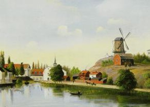 Hammarby sjö och i bakgrunden syns porten till Danvikens hospital, gaveln på Danvikskvarn och kyrktornet. Vägen mot Nacka slingrar sig runt Danviksklippan. På Danviksklippan ligger en väderkvarn. Okänd konstnär. Bild från Södermalm i tid och rum.