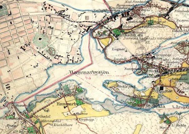 Hammarby sjö 1901. Häradsekonomiska kartan, Lantmäteriet. Public Domain.
