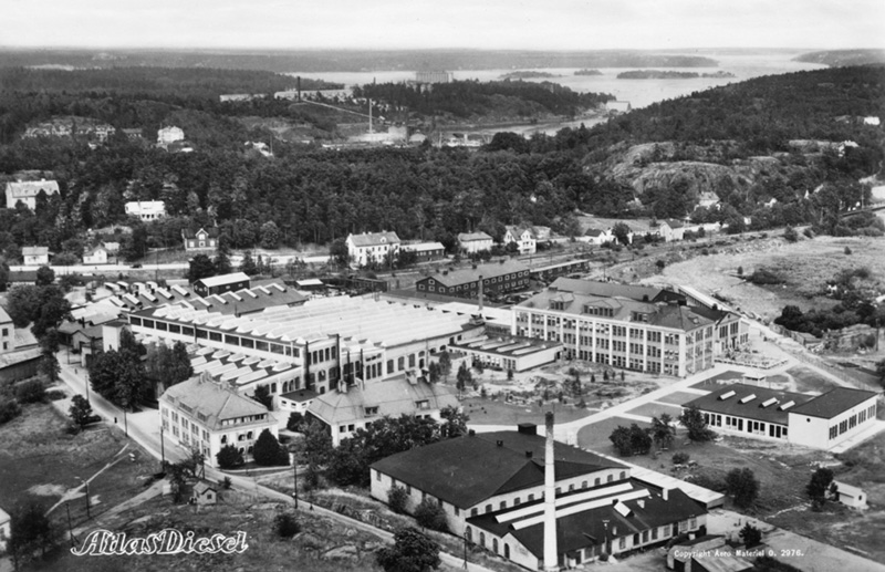 Atlas Diesel i Sickla 1938. I bakgrunden Svindersviken och Kvarnholmen. Foto Atlas Diesel. Nacka lokalhistoriska arkiv. 