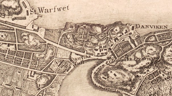 Danvikstull 1805. Danvikens hospital syns tydligt innanför Danviken. Även Fåfängan är utsatt. I den s.k. Tegelvikshamnen syns ett varv (idag Viking Line). Stadsarkivet.